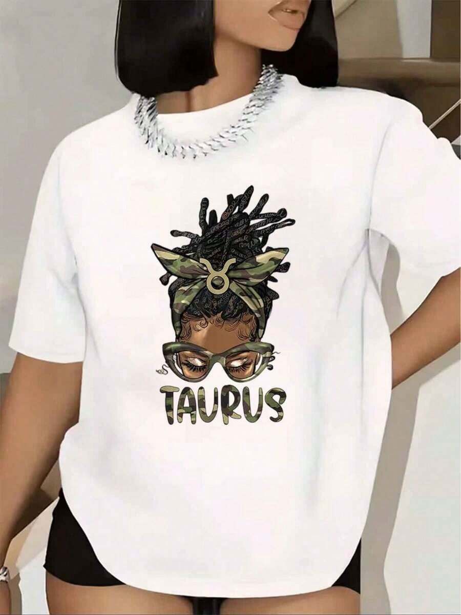 Women's T-Shirt With Taurus Zodiac Sign Print With Afro Hair And Glasses, Short Sleeve, Round Neck, Casual Clothing For Birthday Party Or Daily Wear, Basic Women's Blouse, Women's Blouse, Urban Style T-Shirt, Casual T-Shirt For Festivals And Daily Wear. - 白色 - 查看 1