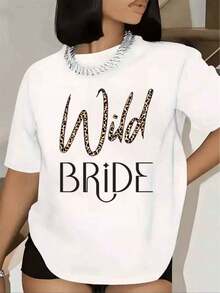 Women T Shirt Wild Bride Leopard Print And Text Graphic Short Sleeve Round Neck Bachelorette Party Wedding Celebration,Women's Basic Blouse,Women's Blouse,Street Style T-Shirt,Festival & Daily Casual T-Shirt - 白色 - 查看 1