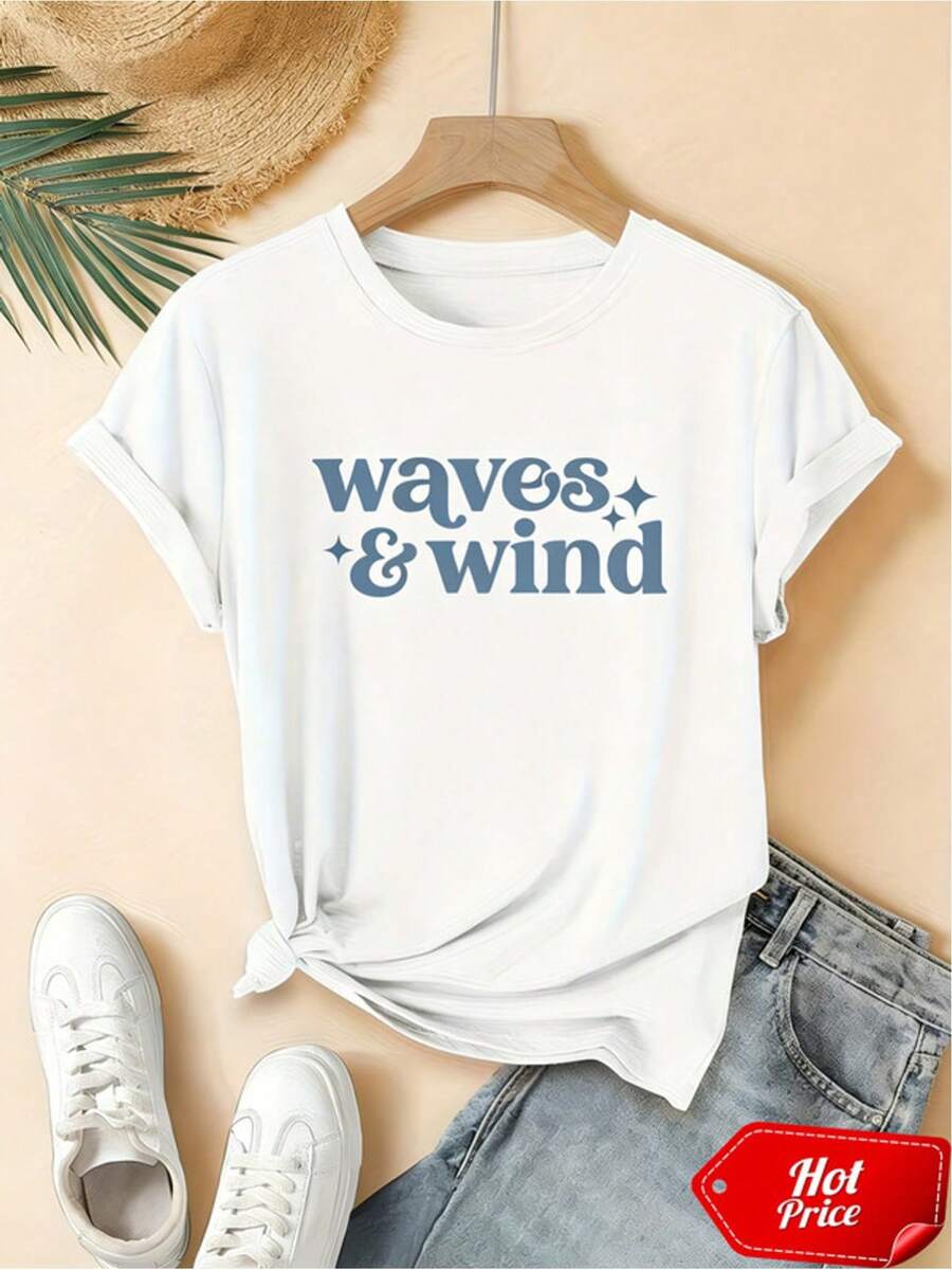 Camiseta Estampada para Mujer Waves & Wind - Camiseta Casual de Manga Corta y Cuello Redondo en Color Blanco, con Texto Azul Vibrante. Corte Relajado para Todas las Estaciones, Perfecta para Uso Diario y Atuendos de Vacaciones (Lavable aáquina), Acompañde Accesorios Estilosos. - Blanco - Ver 1