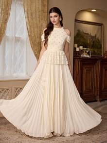 Gaun Wanita Kerah Tegak Bahu Terbuka Payet Bordir Renda Patchwork Belakang Tali Serut Hem Berlipit Romantis Elegan Glamor - Aprikot - View 3