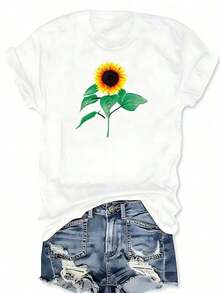 Camiseta de algodón con estampado floral bohemio y girasoles, cuello redondo, manga corta, estilo casual para primavera y verano, ropa de mujer. - Blanco - Ver 7