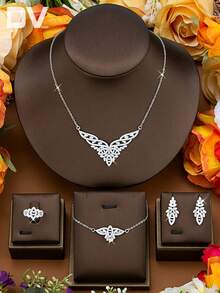 DV JEWELRY 5件套立方氧化锆镀白金奢华项链、手链、耳环、开口戒指首饰套装，优雅珠宝礼品，适合女性、派对、周年纪念日佩戴 - 銀色 - 查看 4