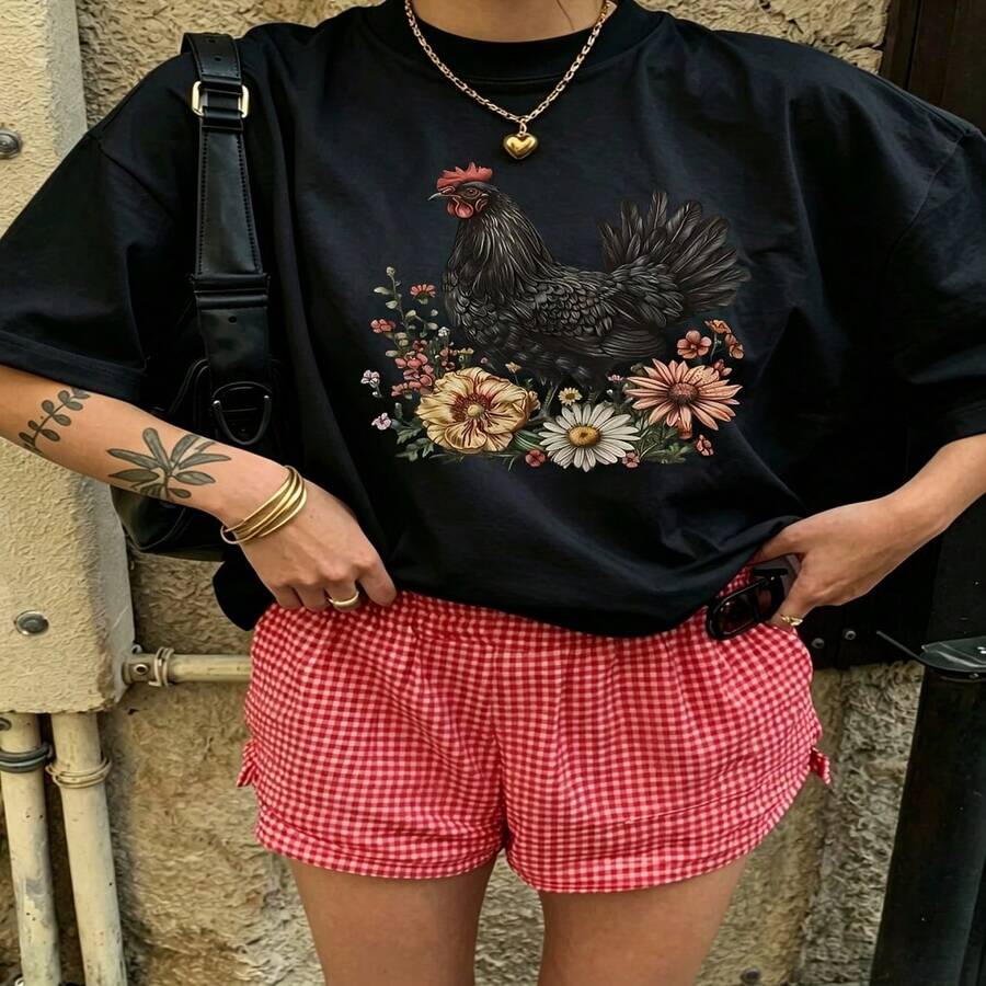 Heartfelt Daily Casual Graphic T-Shirt 100% Cotton Oversized Soft Breathable Casual Crewneck Short Sleeve Top Vintage Aesthetic Cute Retro Vibe For Casual Wearers Fashion Lovers Daily Outfit Enthusiasts Gift Givers - 黑色 - 查看 1