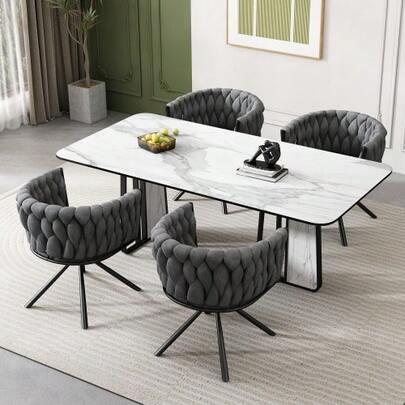 Samt-Esszimmerstuhl, 4er Set, Einzelner Heller Luxus-Wohnzimmer-Schlafzimmer-Drehstuhl, Freizeit-Drehstuhl Mit Vier Stützbeinen Aus Metall, Gray