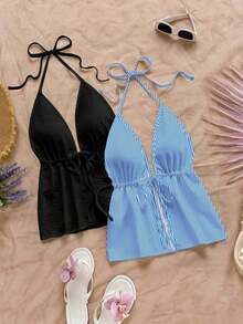 2 piezas Parte superior casual con escote halter y espalda descubierta, adecuada para el verano, ropa de verano, atuendo de vacaciones, estampado de rayas, para mujer en primavera y verano, parte superior para salir de mujer, vacaciones de mujer - Multicolor 2 - Ver 7