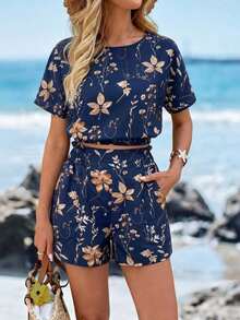 Camisa de mujer con hombros caídos, cintura ceñida y dobladillo, y shorts de mujer decorados con bolsillo, estampado floral, conjunto elegante casual de vacaciones - Azul marino - Ver 6