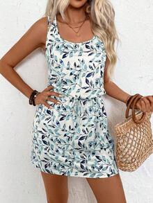 Vestido de verano casual con estampado de hojas, cuello redondo, sin mangas, con cordón en la cintura, para vacaciones y playa para mujer - Multicolor - Ver 6