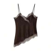 2026 MUMRAP Camiseta sin mangas asimétrica de encaje con contraste de unicolor para mujer, elegante y holgada con espalda descubierta, top casual de verano - Marrón Mocha - Ver 6