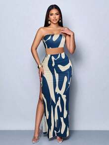 Vestido maxi elegante de fiesta con estampado de rayas abstractas y colores vibrantes, diseño ceñido y sexy, perfecto para salir, fiestas y vacaciones - Multicolor 11 - Ver 3