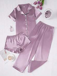 Conjunto de pijama de 3 piezas para mujer con cuello de seda falsa de unicolor y ribete contrastante - Púrpura malva - Ver 6