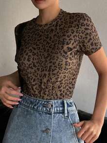 Camiseta de manga corta de cuello redondo de unicolor versátil y casual para el verano - Marrón - Ver 7