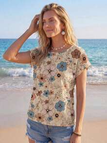 Camisa casual de mujer con patrón floral retro y cuello redondo, adecuada para el verano y para salir, blusas elegantes para mujer, casual - Multicolor - Ver 3