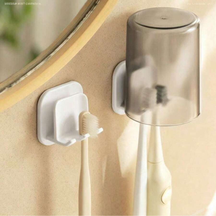 1件/3件 日式壁掛式牙刷架，浴室免鑽孔排水杯架，電動牙刷與水杯收納整理架，浴室洗手台收納方案，家用牙刷架，不傷牆壁壁掛式洗漱用品套組，非常實用，立即購買！