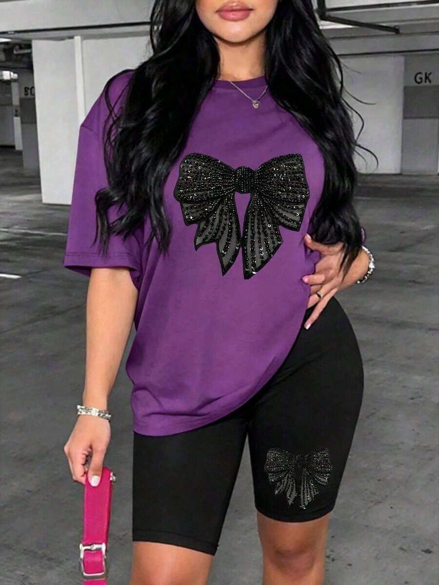 2 piezas Conjunto de top de cuello redondo morado con decoración de lazo y shorts negros para mujer - Multicolor 5 - Ver 1