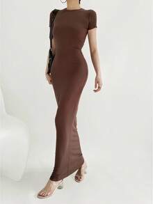 Slim-Fitting Long Dress For Women In Summer, Sexy And Elegant, Pure And Desirable, With A Round Neck And Short Sleeves, Long Style Women's Dress. Dresses For Women Summer Dresses For Women Vacation Outfits Women - 深棕色 - 查看 9