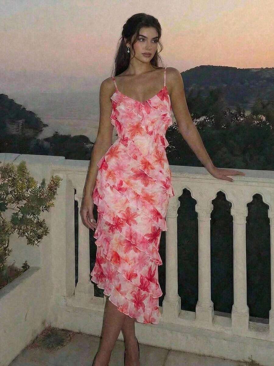 xheSHEIN MOD Vestido de verano con tirantes finos y detalle de rizo para mujer con bajo amétricoxhe - Rosa - Ver 1