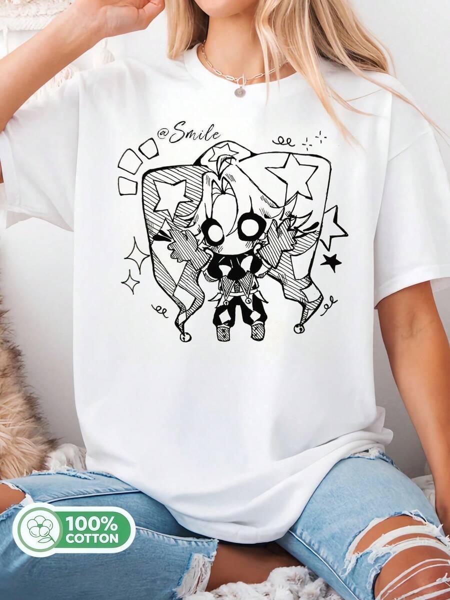 - Handmade Chibi Design Cotton T-Shirt, Cute T-Shirt For Fans And Gamers - 白色 - 查看 1