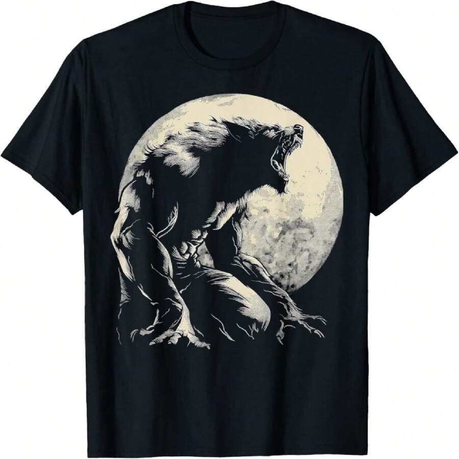Werewolf Wolf Howling Moon Halloween Alpha Male T-Shirt - 黑色 - 查看 1