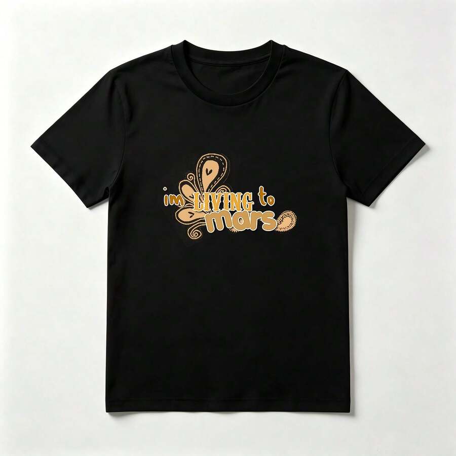 Gold Letters Black Cotton T-Shirt With Paisley Print - 黑色 - 查看 1