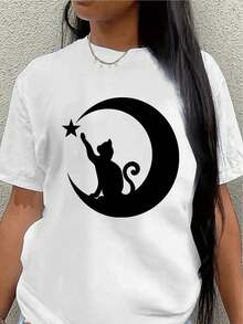 Polyester Short-Sleeved T-Shirt, Decorated With A Cat And Moon Design, Lightweight And Durable, Suitable For Home, Cafes, Or Casual Outdoor Wear. Women's Blouses > Clothing - 白色 - 查看 1
