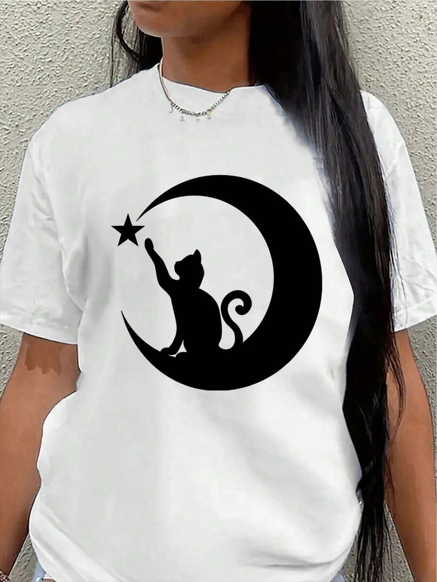 Polyester Short-Sleeved T-Shirt, Decorated With A Cat And Moon Design, Lightweight And Durable, Suitable For Home, Cafes, Or Casual Outdoor Wear. Women's Blouses > Clothing - 白色 - 查看 1