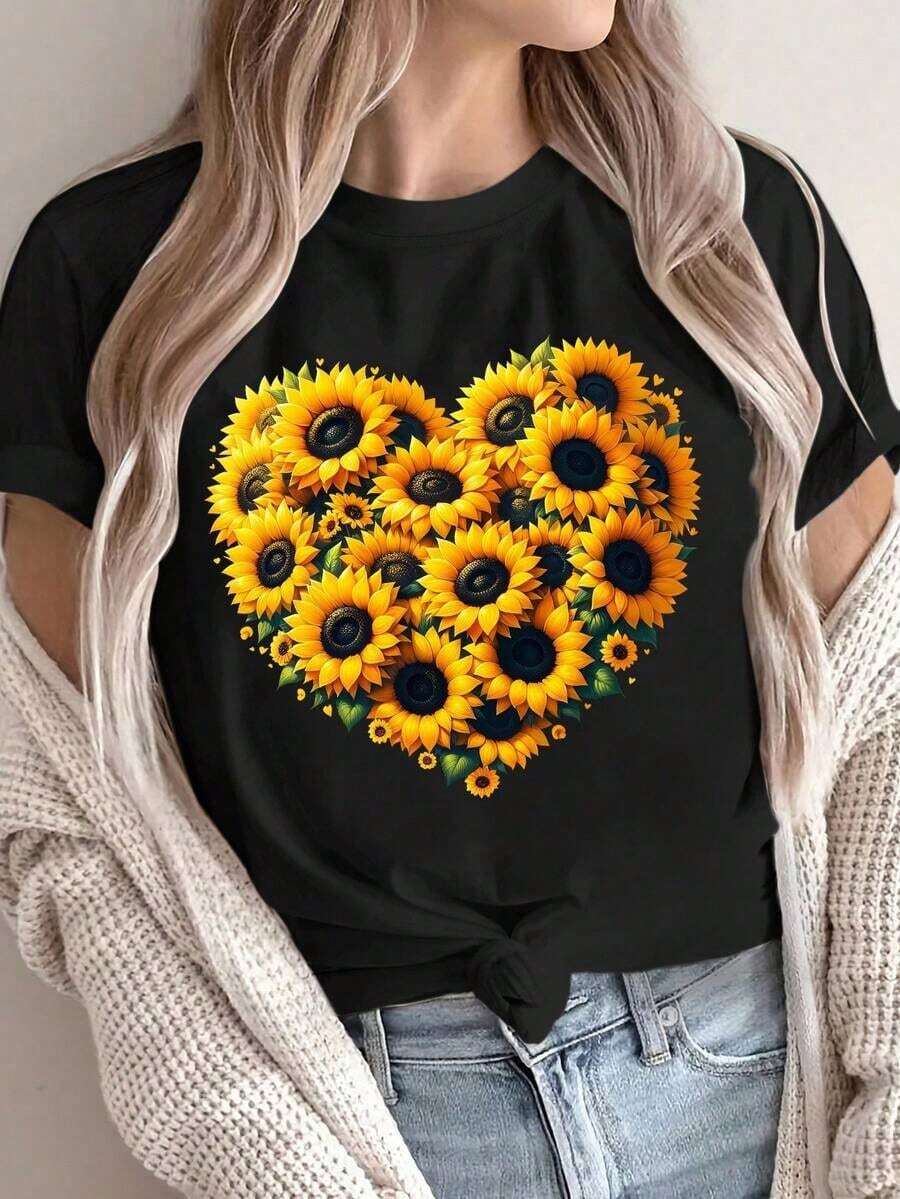 Women's Clothing Sunflower Heart Print T-Shirt For Women - Casual And Sporty, Breathable Cotton, Short Sleeve, Round Neck - Perfect For Spring And Summer Women's Shirts - 黑色 - 查看 1