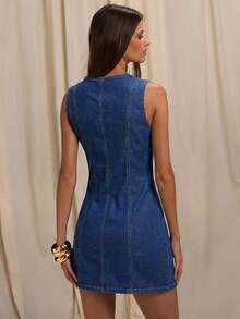 Women Denim Dresses - Medium Wash Blue - View 2