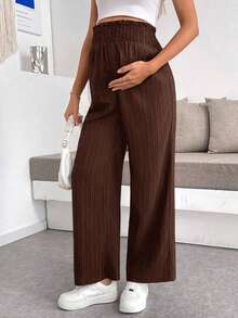 Pantalones anchos casuales sueltos de cintura de bolsa de papel de unicolor para maternidad, pantalones de maternidad, pantalones anchos de maternidad, ropa de maternidad para mujeres - Café integral - Ver 4