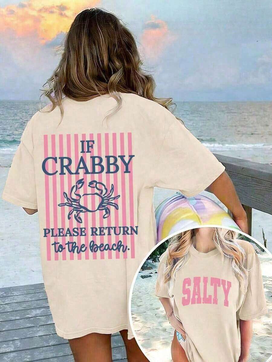 Women's 100% Cotton Graphic Graphic T-Shirt With Double Print "If I'm In A Bad Mood, Please Go Back To The Beach" And "Salty", Casual And Oversized Summer Style | Summer Clothes | Holiday Outfits Pure Cotton T-Shirt 100% Cotton 100% Cotton - 杏 - 查看 1