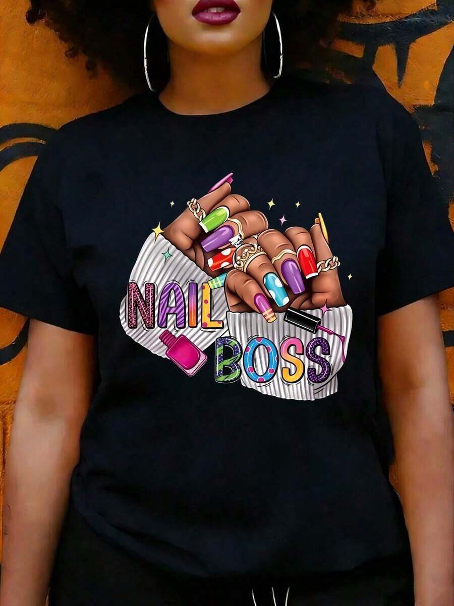 Camiseta Casual de Moda para Mujer con Diseño de Uñas y Esmalte Colorido, Ropa de Verano para Entusiastas del Nail Art, Regalo para Ella - Negro - Ver 1
