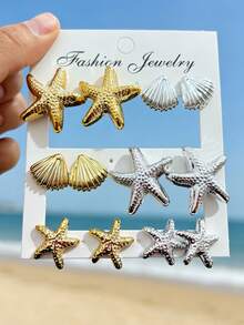 12pcs Gold + Silver CCB New Beach Jewelry, Vintage Starfish & Shell Elements, Suitable For Women Holiday Wear Earrings - Gold - View 4