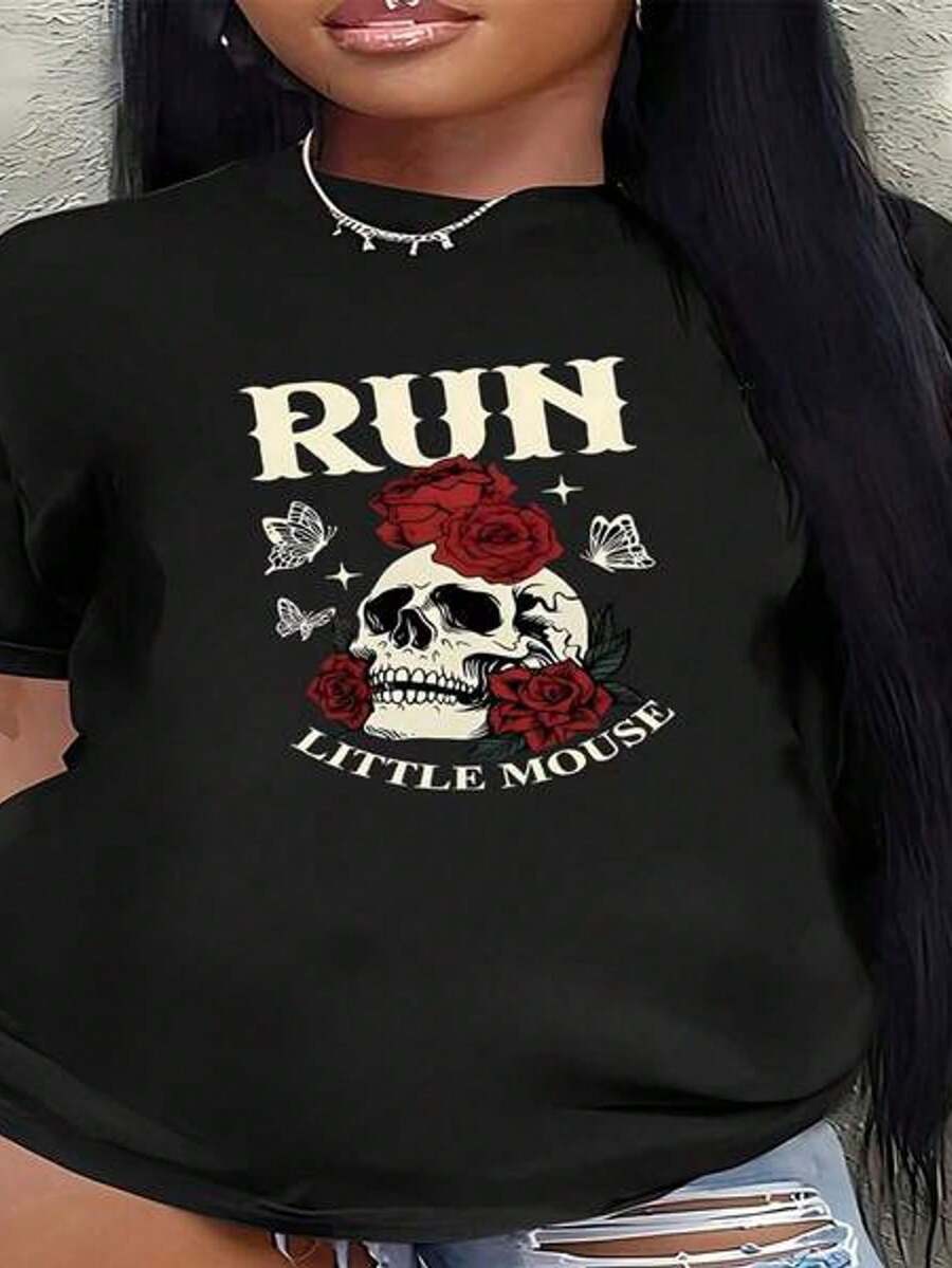 Camiseta de manga corta con cuello redondo y estampado para mujer Corre Ratón Pequeño Calavera Rosas Maosas S-3XL moda, cómodo y transpirable Uni lavable a máquina