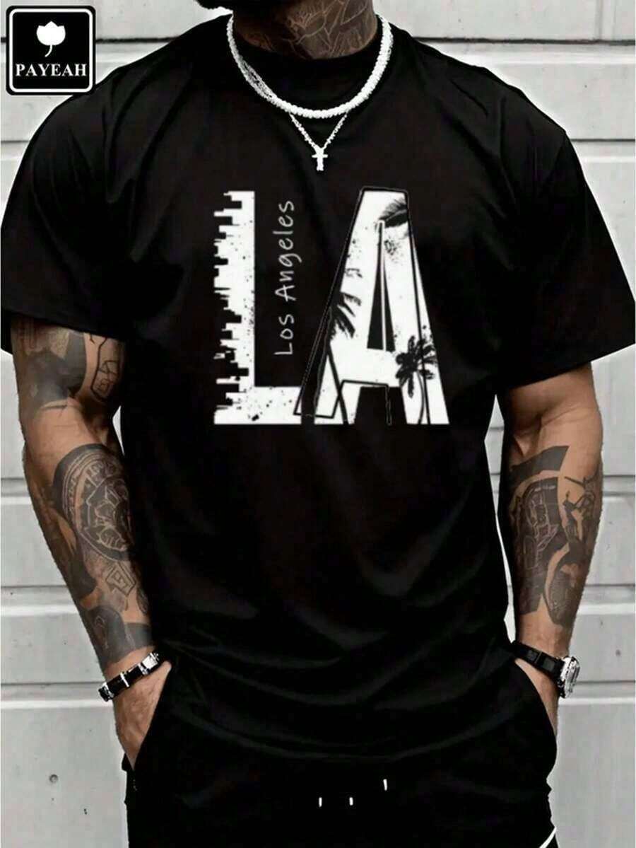1 Piece Of Men's Clothing, Black T-Shirt With Los Angeles Graphic Print, Unisex Casual Crew Neck T-Shirt, Men's Plus Size 5XL Clothing, 180g/M² Lightweight Knit Fabric, Machine Washable, For Spring/Summer/Autumn, Suitable For Valentine's Day, Thanksgiving And Christmas. - 1 - 查看 1