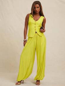 Women's Set (Top And Pants) Vest-Style Top With V-Neck And Button Closure, High-Waisted Fitted Pants With Pleats, Suitable For Office, Business, Casual, Brunch, Church, Autumn And Winter, Suitable For Office Attire - 黃色 - 查看 4