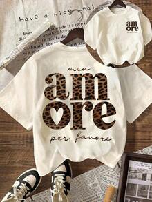Camiseta Casual de Verano para Mujer con Estampado de Leopardo y Diseño Italiano "AMORE", Camiseta Minimalista de Manga Corta y Cuello Redondo en Color Sólido, Adecuada para el Verano - Albaricoque - Ver 1