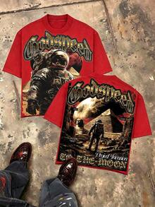 Y2K Tops, Godspeed To The Moon Astronaut Space Distressed Oversized Graphic Tee, Streetwear, Vintage, Mars Pyramid, Aesthetic, Baggy,   For Men - Đỏ - Xem 1