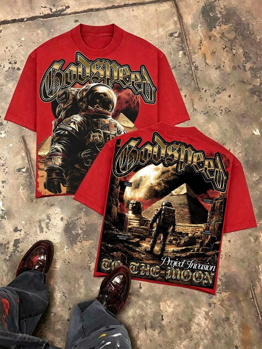 Y2K Tops, Godspeed To The Moon Astronaut Space Distressed Oversized Graphic Tee, Streetwear, Vintage, Mars Pyramid, Aesthetic, Baggy, For Men - Đỏ - Xem 1