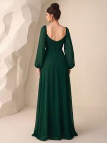Langärmliges Chiffonkleid mit Rüschen, Schlitz, rückenfreiem Design und Gürtel, geeignet als Brautjungfernkleid, Hochzeitskleid, Geburtstagskleid, Abschlussballkleid, Abendkleid - Dunkelgrün - Übersicht 4