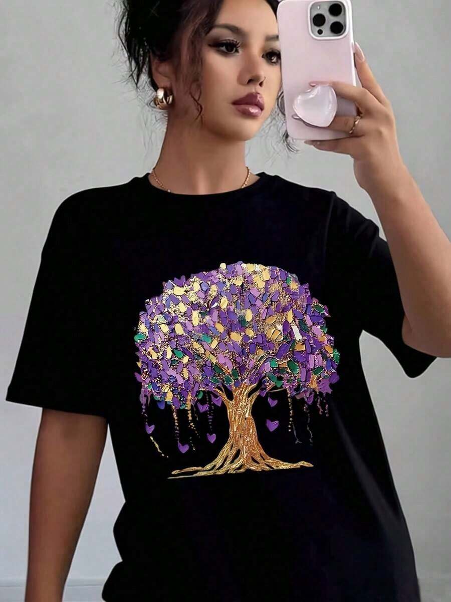 Women's Casual T-Shirt With Purple Tree And Heart Print, Soft And Comfortable, Gift For Valentine's Day, Mother's Day, Birthday - 黑色 - 查看 1
