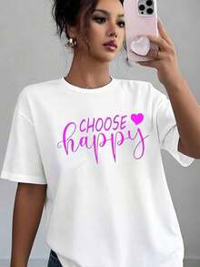 Women's Casual T-Shirt With Happy Heart Print, Soft And Comfortable, Gift For Birthday Or Valentine's Day - 白色 - 查看 1