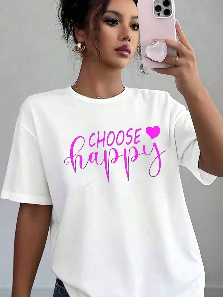Women's Casual T-Shirt With Happy Heart Print, Soft And Comfortable, Gift For Birthday Or Valentine's Day - 白色 - 查看 1