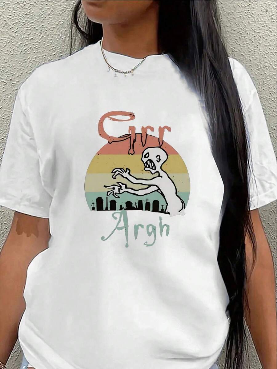 Camiseta de manga corta ligera y duradera, con un diseño de fantasma y atardecer, perfecta para salidas informales en casa o en restaurantes, con un divertido estampado de "Grr Argh".blusa casual mujer - Blanco - Ver 1
