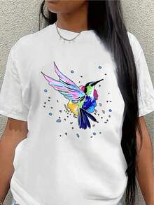 Women's Short-Sleeved Polyester T-Shirt With A Colorful Hummingbird Print. Lightweight And Durable, It's Suitable For Casual Wear At Home Or Outdoors. Comfortable And Fitted For Everyday Wear. - 白色 - 查看 7