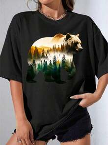 GiftGirl's Unisex Plus Size White T-Shirt With White Bear And Forest Landscape Print, For Casual Outdoor Wear, Outdoor Parties, Casual Printed T-Shirt, Soft - 黑色 - 查看 4