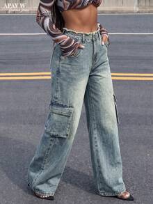 Amerikanischer Stil Jeans mit Kunstfell-Bund, lässig, abgenutzt, gerader Beinschnitt, Herbst - nostalgische Farbe - Übersicht 3
