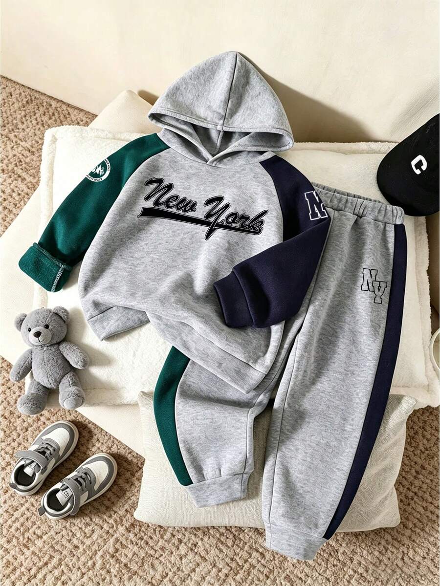 Tween Boy Letter Print Warm Hoodie And Sweatpants Set - Grey - View 1