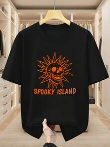 Camiseta de Cuello Redondo para Hombre, Talla Grande, 100% Algodón, con Estampado de Calaveras y Sol, Diseño SPooky ISLAND, Camiseta Casual Cómoda de Manga Corta para Verano, TALLA GRANDE - Negro - Ver 6