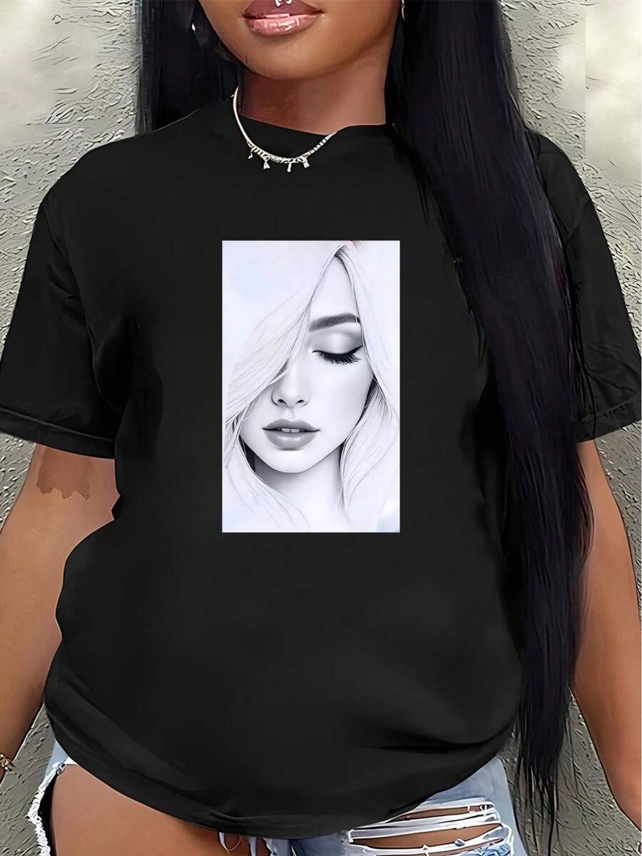 This Lightweight And Durable Short-Sleeved T-Shirt Features An Artistic Print Design, Perfect For Lounging At Home, Dining Out, Or Enjoying Outdoor Activities. The Soft Fabric Ensures All-Day Comfort. Women's Casual Blouse - 黑色 - 查看 1