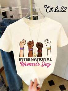 Playera Casual de Mujer, Cuello Redondo, Mangas Cortas, Estampada de Mujeres 8 de Marzo, Día de la Mujer Hecho en Mexico |   Diseño exquisito |   Suelto y cómodo |   Fácil de combinar | - Crema - Ver 1