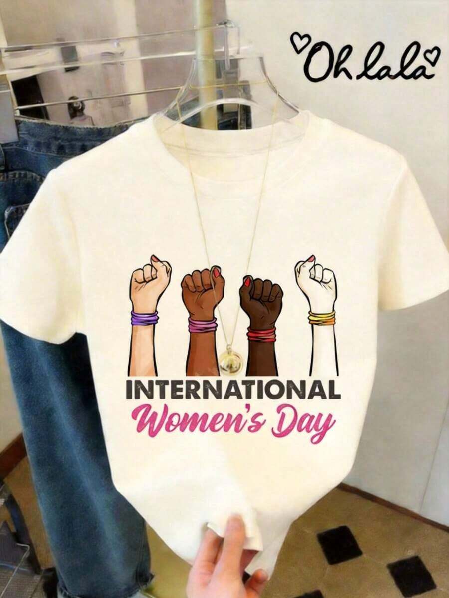 Playera Casual de Mujer, Cuello Redondo, Mangas Cortas, Estampada de Mujeres 8 de Marzo, Día de la Mujer Hecho en Mexico | Diseño exquisito | Suelto y cómodo | Fácil de combinar | - Crema - Ver 1